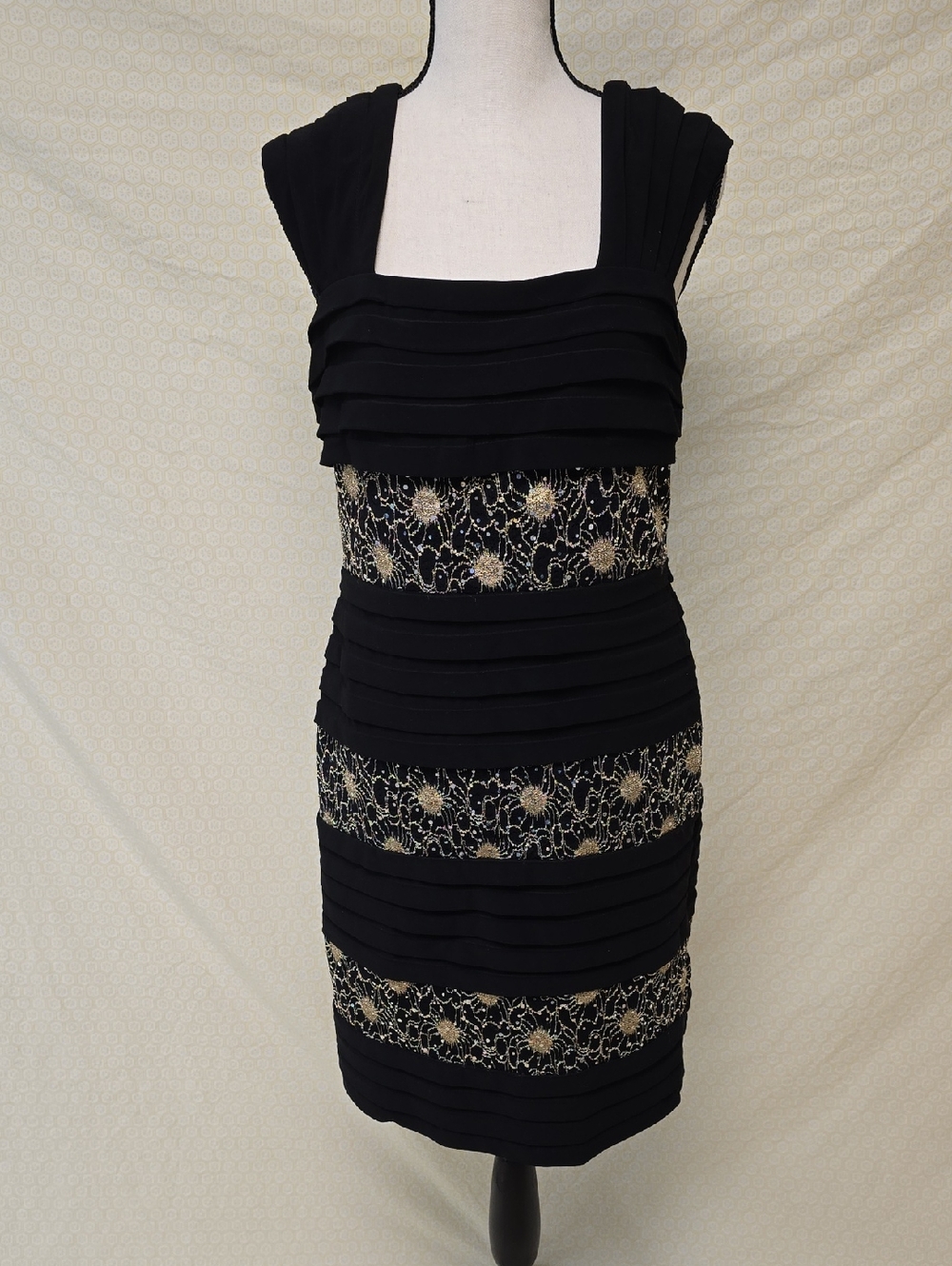 R & M Richards Black Midi Dress with Gold Lace Accents